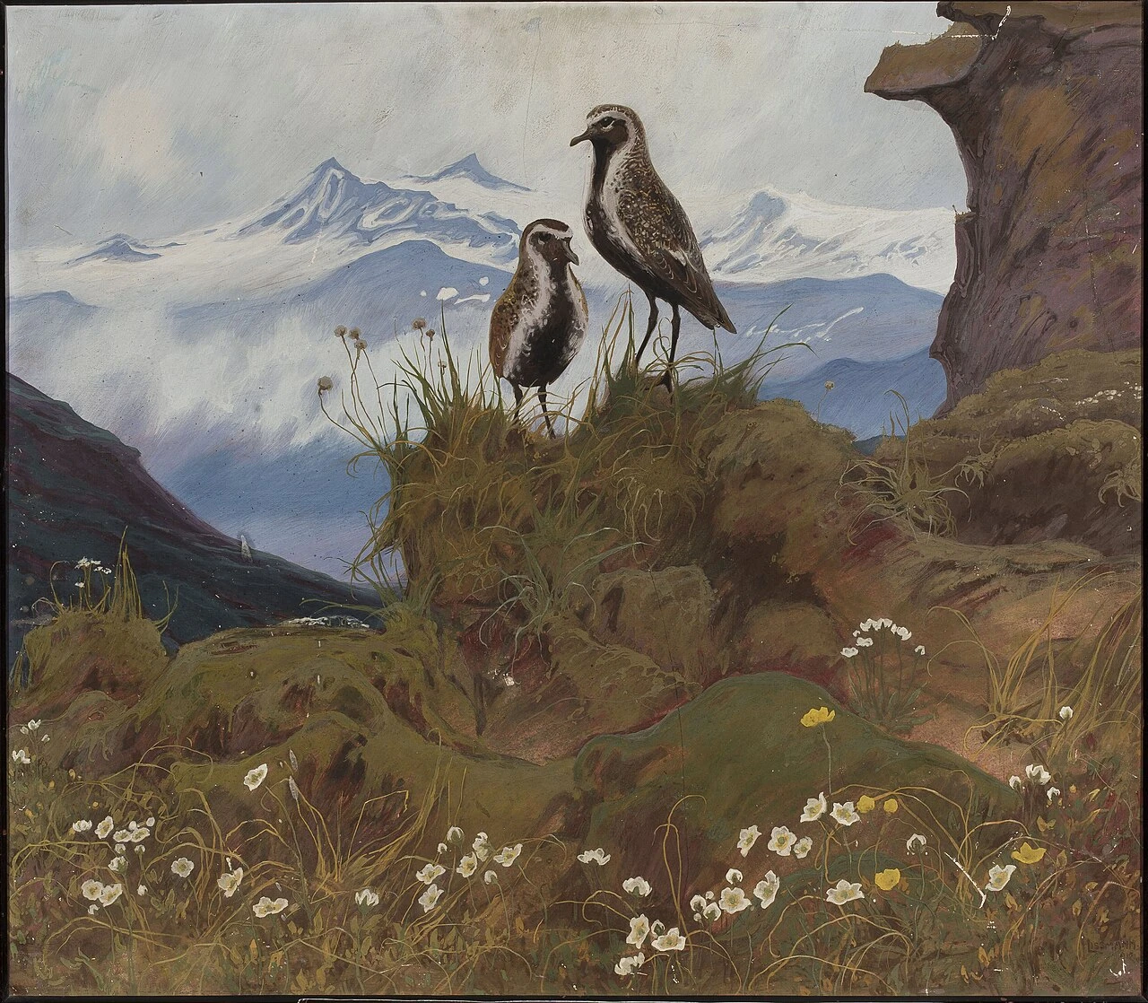 1880-Friedrich Lissmann - Due uccelli in un paesaggio montano